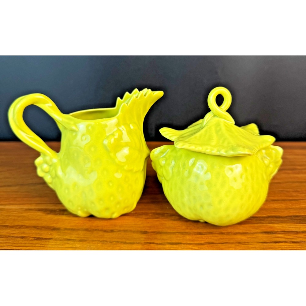 Vintage MCM Strawberry Creamer Sugar Set Yellow Ceramic 1950s Rare #170-B Spring